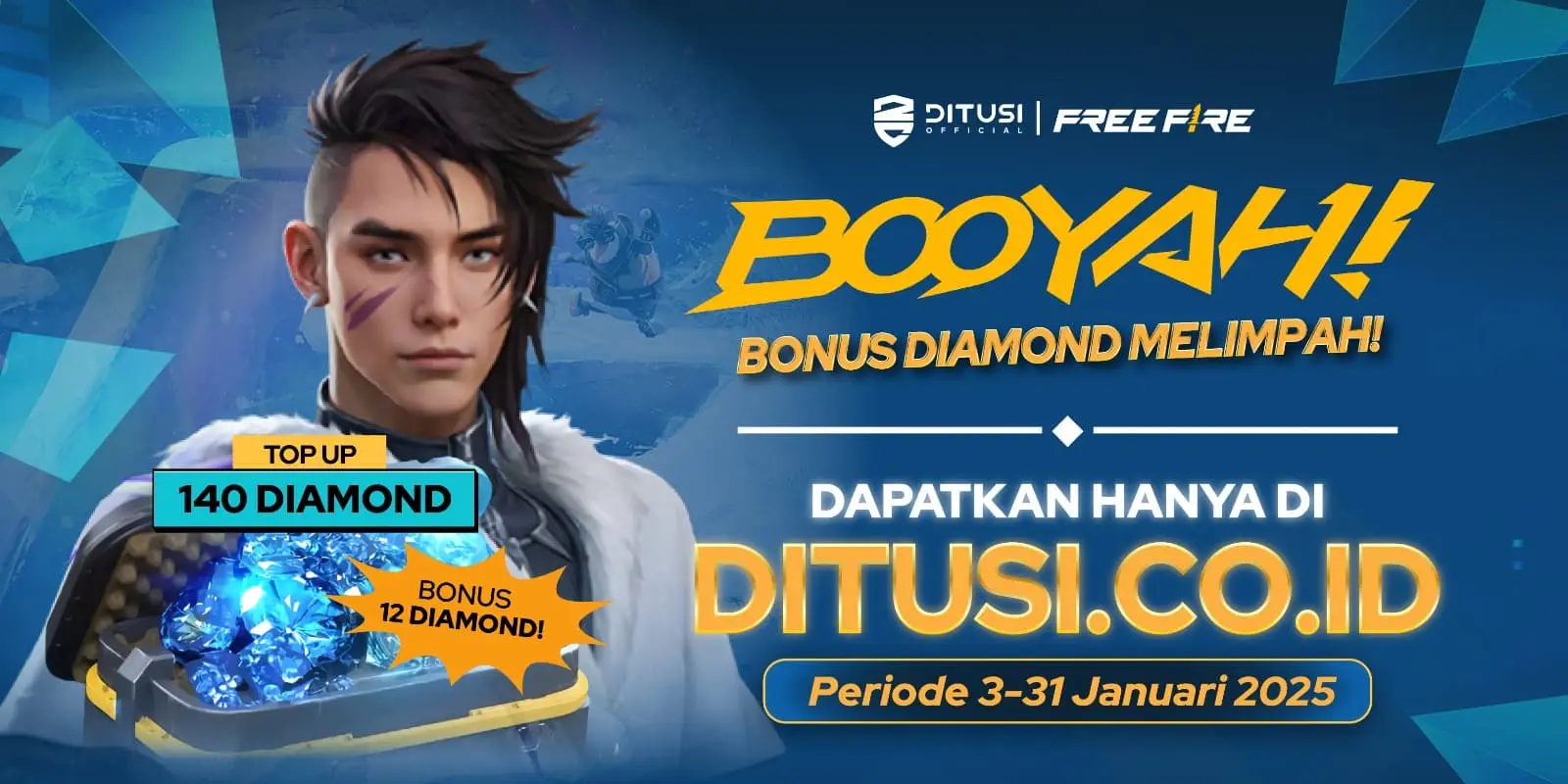 Bonus Diamond Melimpah: Setiap pembelian 140 Diamond Free Fire Gratis 12 Diamond!